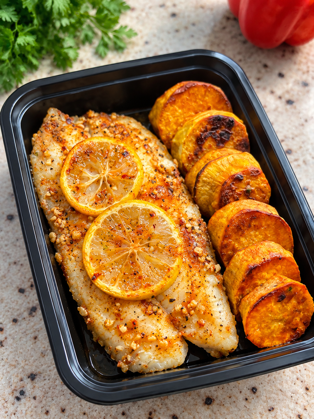 Tasty Garlic Tilapia w/Oven Baked Sweet Potato Rounds