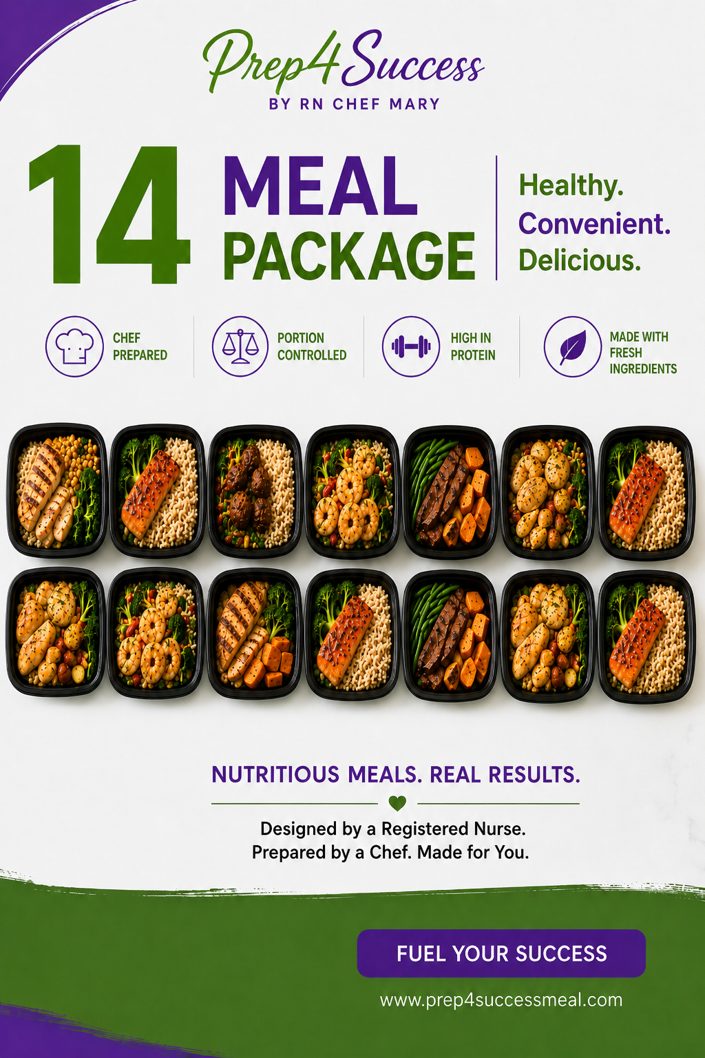 Promotional graphic for a Prep4Success 14-meal package by RN Chef Mary, showing 14 prepped meal containers arranged in a grid on a white and green designed background with feature icons and marketing text.